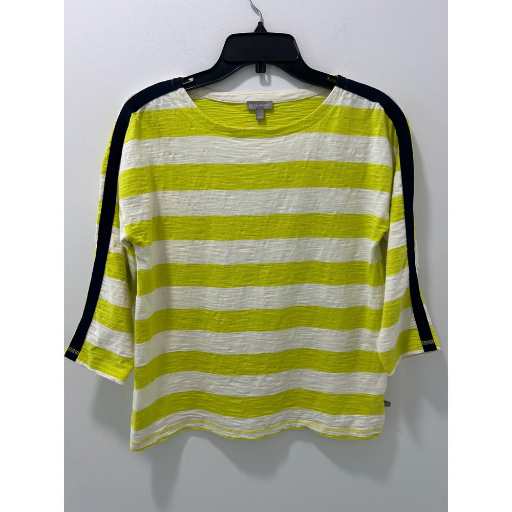 T by Talbots Lime Green White Striped 100% Cotton Slub 3/4 Sleeve Top Small